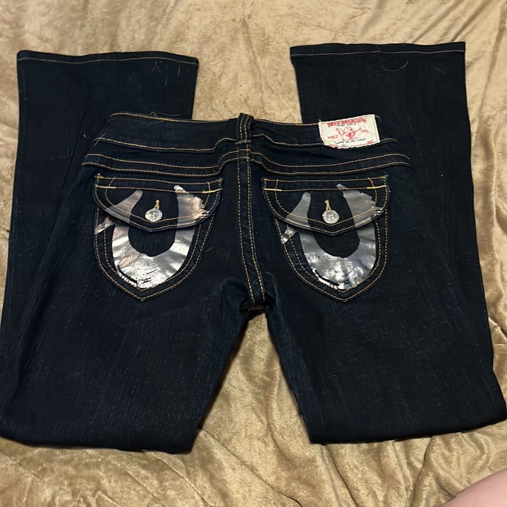 True Religion Dark Indigo Flare Jeans with Contrast Stitching size 30 - Picture 5 of 6